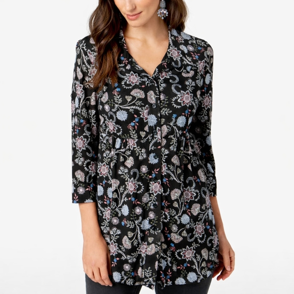 Style & Co Floral Button Down Tunic Babydoll Top Black Long Sleeve Boho Blouse